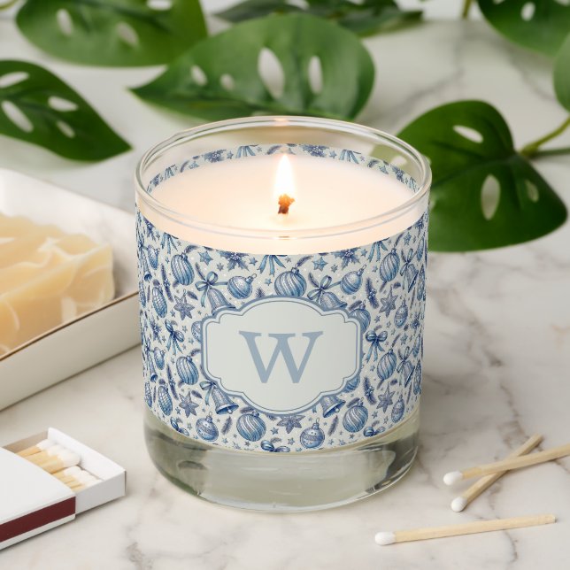 Custom Monogram Blue Toile Christmas Ornaments  Scented Candle (Lit)
