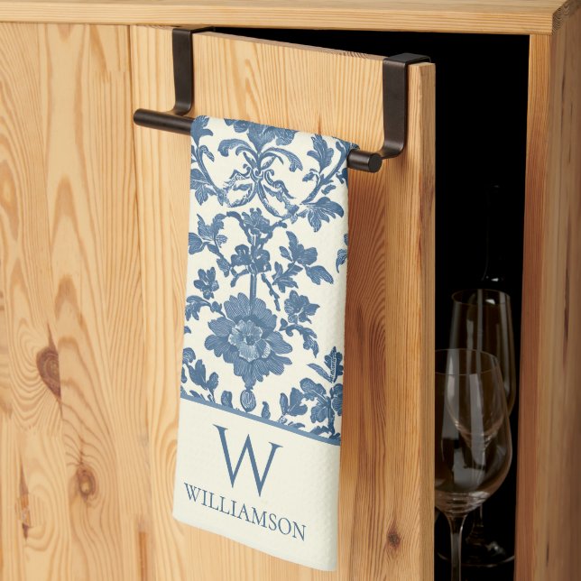Custom Monogram Blue Toile Kitchen Towel (Thirds Fold)