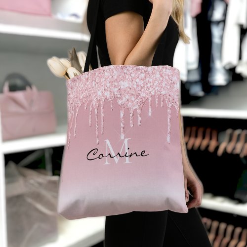 Custom Monogram Blush Pink Glitter Drips Metallic Tote Bag