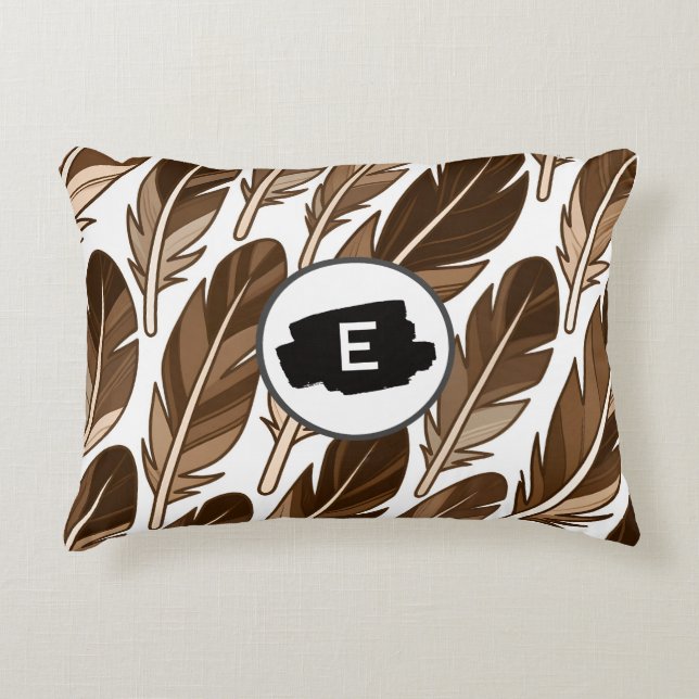 Custom Monogram Boho Accent Pillow – Brown Feather (Front)