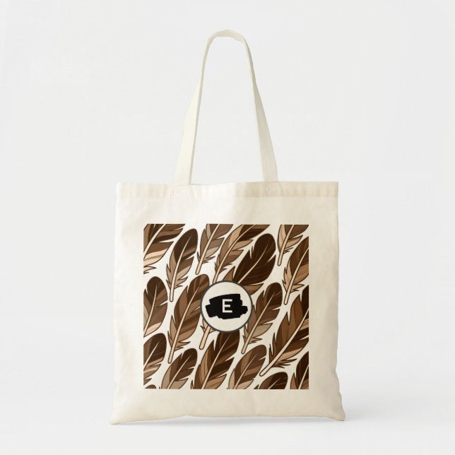 Custom Monogram Boho Tote Bag – Brown Feathers (Front)