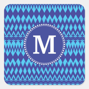 Custom Monogram Bold Blue Tribal Chevron Pattern Square Sticker