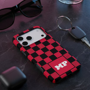 Custom Monogram Bold Cherry Red & Black Checkered iPhone 17 Pro Max Case