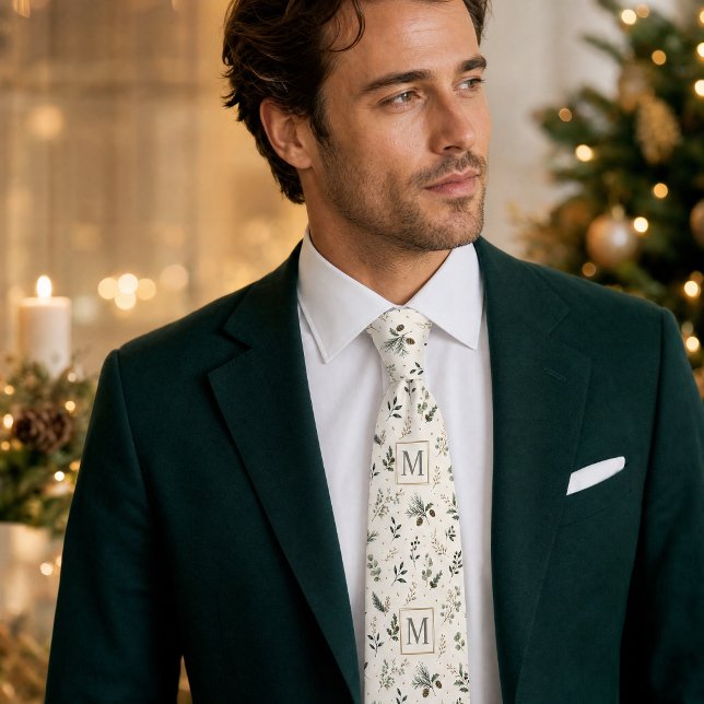 Custom Monogram Botanical Holiday Pattern Neck Tie (Custom Monogram Botanical Holiday Pattern Neck Tie)