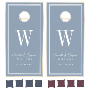 Custom Monogram Bride Groom Dusty Blue Wedding Cornhole Set