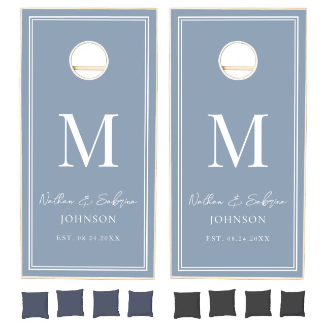 Custom Monogram Bride Groom Dusty Blue Wedding Cornhole Set (Set)