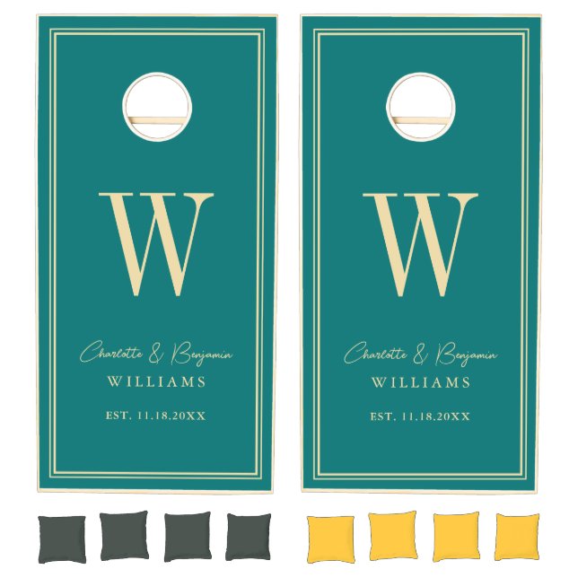 Custom Monogram Bride Groom Teal and Gold Wedding Cornhole Set (Set)