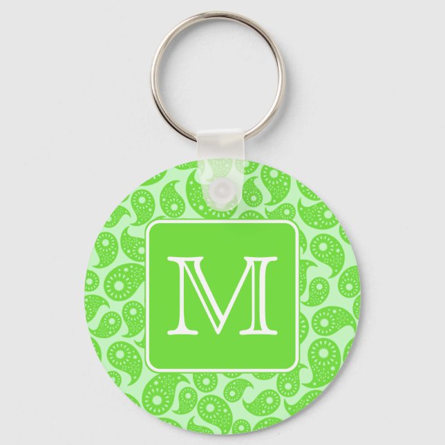 Custom Monogram. Bright Green Paisley Pattern. Keychain (Front)