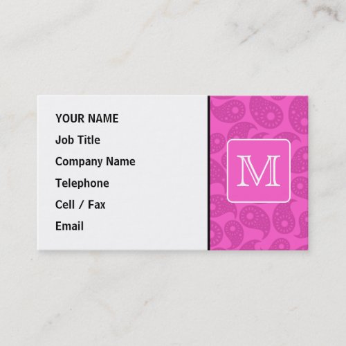 Custom Monogram. Bright Pink Paisley Pattern. Business Card Template