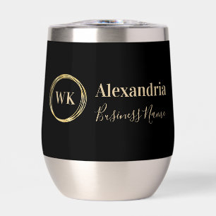 Custom Monogram Business Name Black Gold Thermal Wine Tumbler
