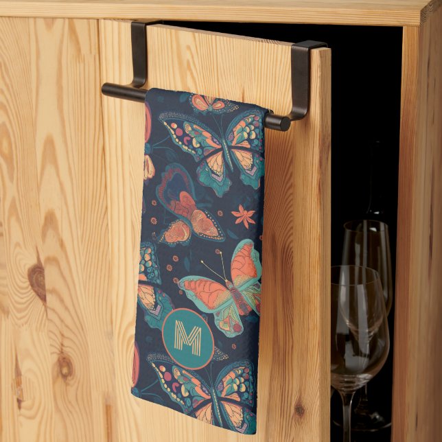 Custom Monogram Butterfly Pattern Kitchen Towel (Thirds Fold)