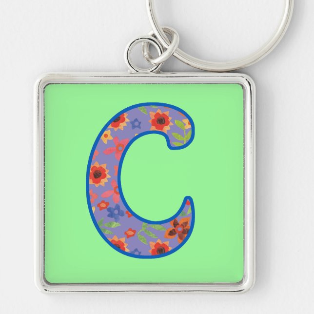 Custom Monogram C Keychain, Ditsy Floral Pattern Keychain (Front)