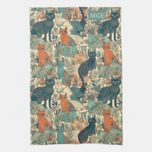 Custom Monogram Cats Pattern Kitchen Towel