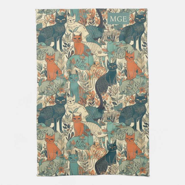 Custom Monogram Cats Pattern Kitchen Towel (Vertical)