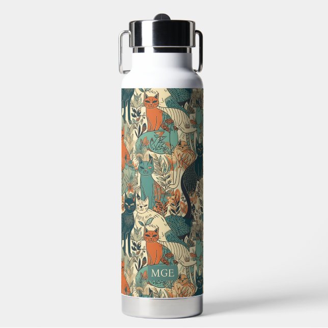 Custom Monogram Cats Pattern Water Bottle (Front)