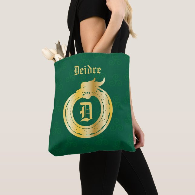 Custom Monogram Celtic Style Gold Toned Ouroboros  Tote Bag (Close Up)