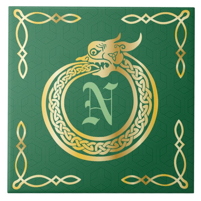 Custom Monogram Celtic Style Ouroboros Ceramic Tile (Front)