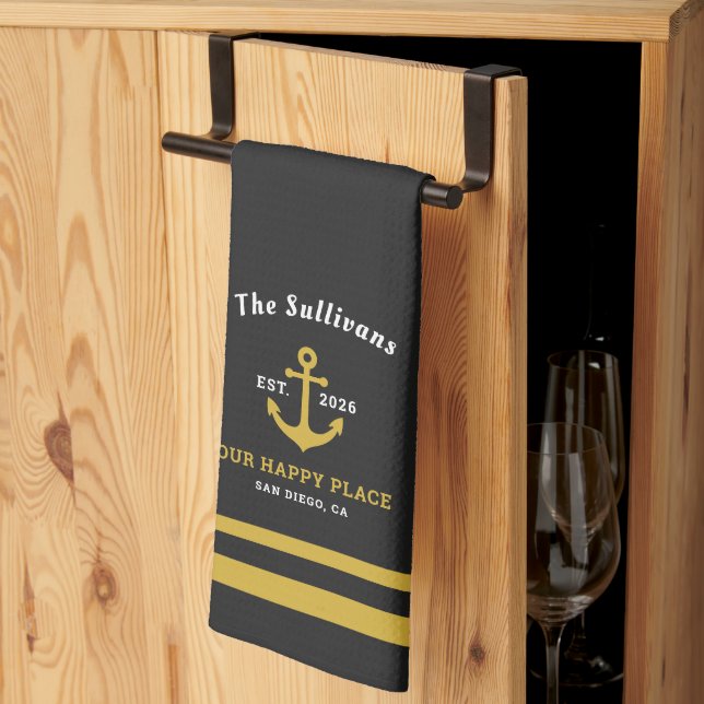 Custom Monogram Charcoal Black Gold Anchor Kitchen Towel (Thirds Fold)