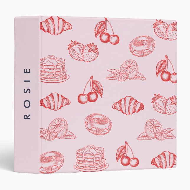 Custom Monogram Charming Girly Cherry Strawberry 3 Ring Binder (Front/Spine)