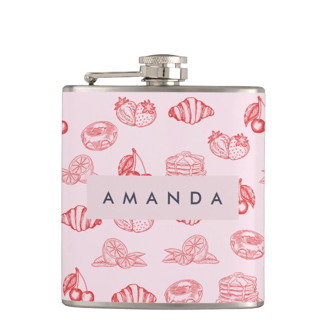 Custom Monogram Charming Girly Cherry Strawberry Flask (Front)