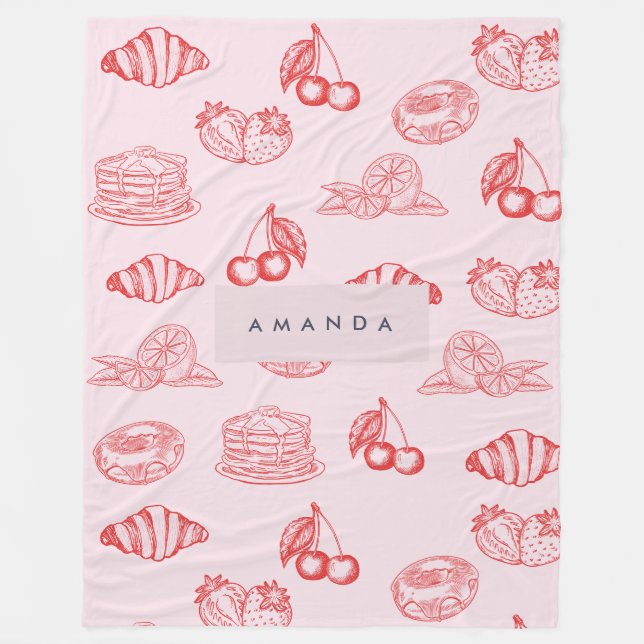 Custom Monogram Charming Girly Cherry Strawberry Fleece Blanket (Front)