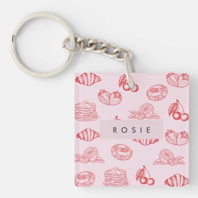 Custom Monogram Charming Girly Cherry Strawberry  Keychain (Front)