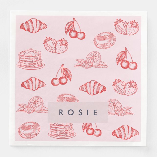 Custom Monogram Charming Girly Cherry Strawberry Paper Dinner Napkins (Front)