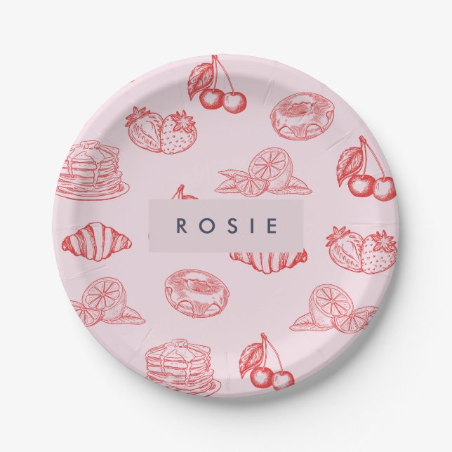 Custom Monogram Charming Girly Cherry Strawberry Paper Plates (Front)