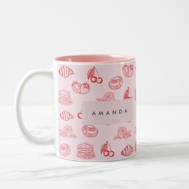 Custom Monogram Charming Girly Cherry Strawberry Two-Tone Coffee Mug (Left)