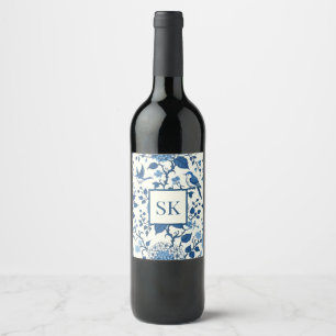 Custom Monogram Chinoiserie Blue and White Wine Label