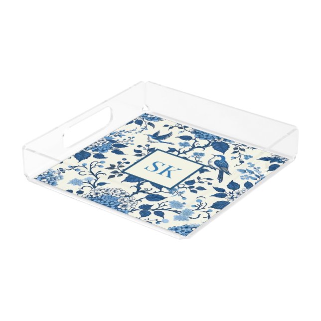 Custom Monogram Chinoiserie Chic, Hydrangeas  Acrylic Tray (Angled)