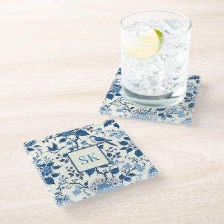 Custom Monogram Chinoiserie Chic, Hydrangeas  Glass Coaster