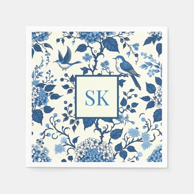 Custom Monogram Chinoiserie Chic, Hydrangeas  Napkins (Front)