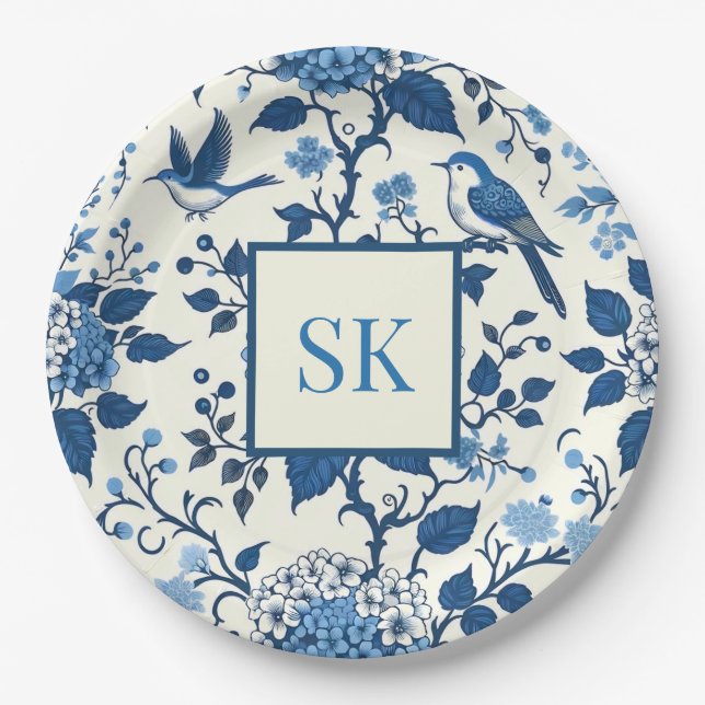 Custom Monogram Chinoiserie Chic, Hydrangeas  Paper Plates (Front)