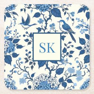 Custom Monogram Chinoiserie Chic, Hydrangeas  Square Paper Coaster