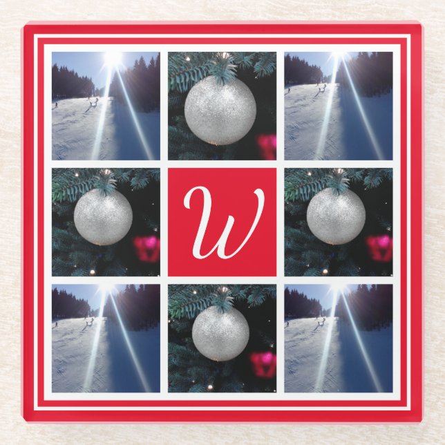 Custom monogram Christmas Holiday photo collage Glass Coaster (Front)