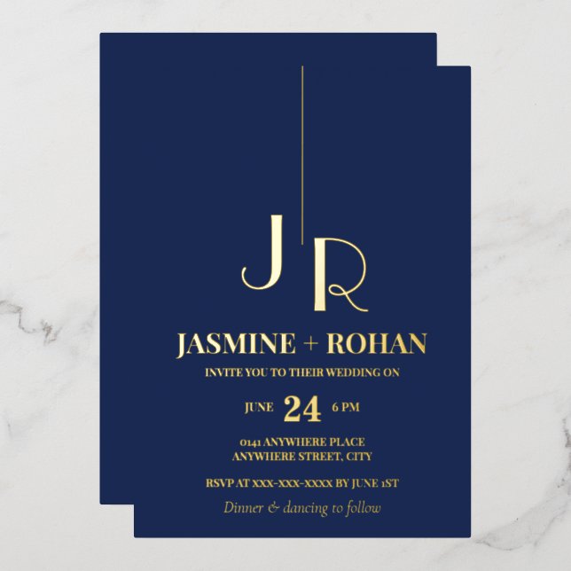 Custom monogram classic navy blue formal wedding  foil invitation (Front/Back)