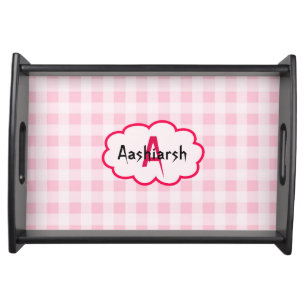 Custom Monogram Cloud Pink White Squares Pattern Serving Tray