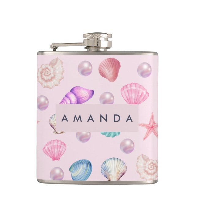 Custom Monogram Coastal Seashell Pearl Ocean Gifts Flask (Front)