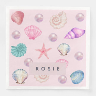 Custom Monogram Coastal Seashell Pearl Ocean Gifts Paper Dinner Napkins
