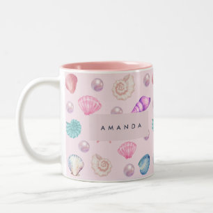 Custom Monogram Coastal Seashell Pearl Ocean Gifts Two-Tone Coffee Mug