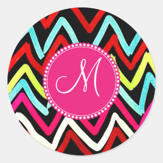 Custom Monogram Colorful Chevron Tribal Zigzags Classic Round Sticker