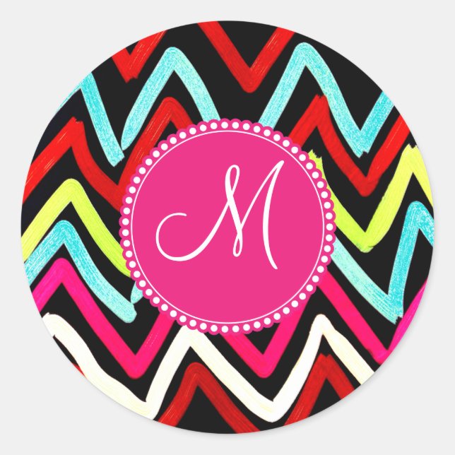 Custom Monogram Colorful Chevron Tribal Zigzags Classic Round Sticker (Front)