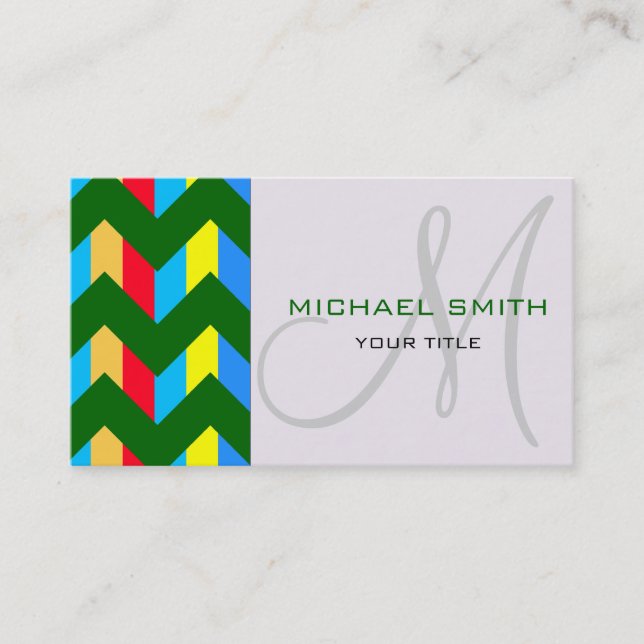 Custom Monogram Colorful Chevron Zigzag Pattern 9 Business Card (Front)