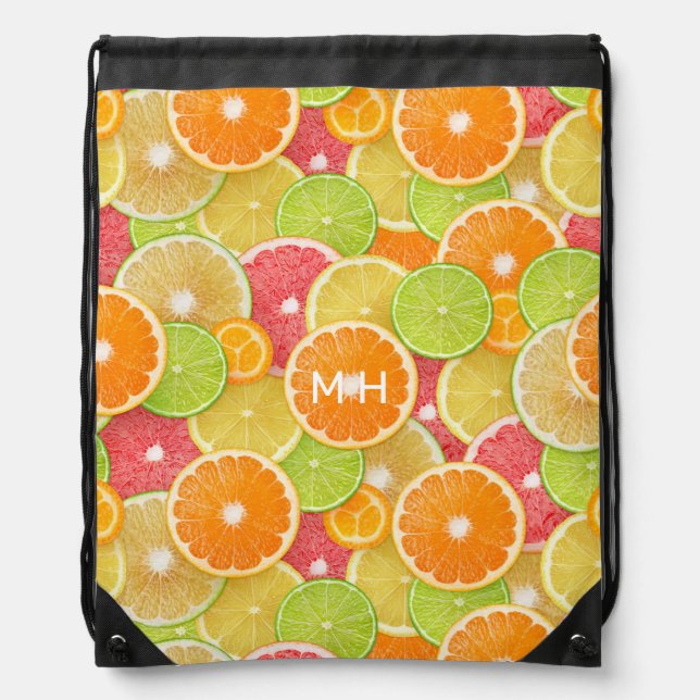Custom Monogram Colorful Citrus Drawstring Bag (Front)