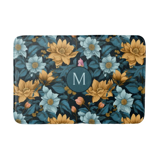 Custom Monogram Colorful Flower Pattern Bath Mat (Front)