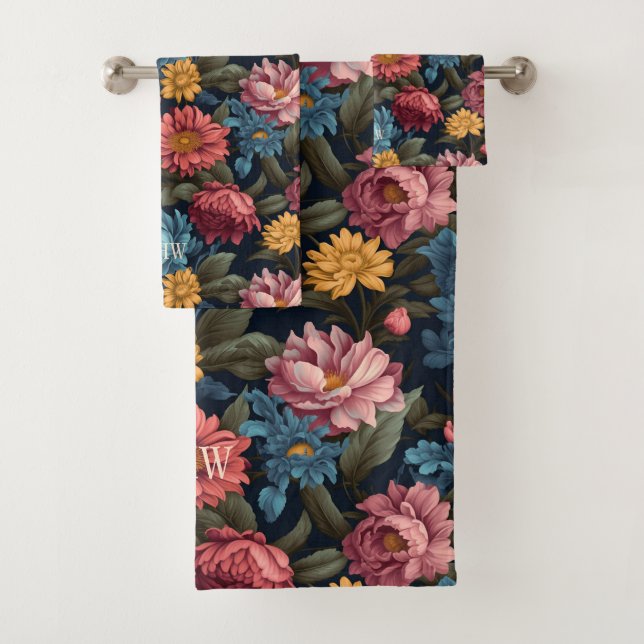 Custom Monogram Colorful Flower Pattern Bath Towel Set (Insitu)