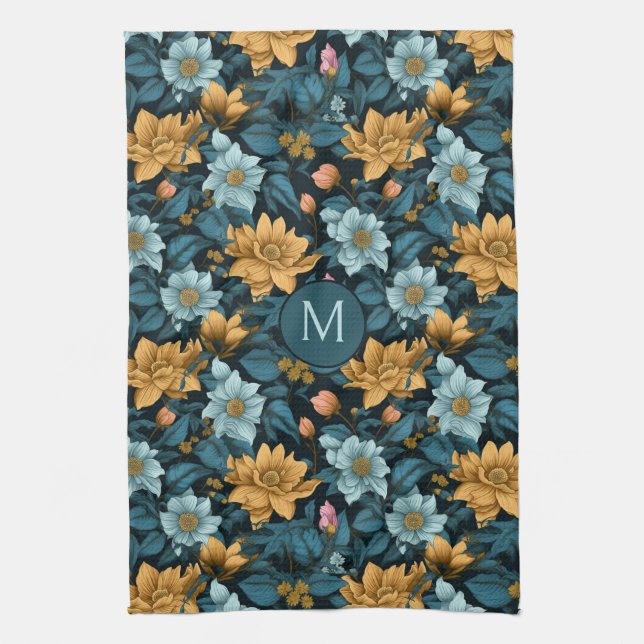 Custom Monogram Colorful Flower Pattern Kitchen Towel (Vertical)