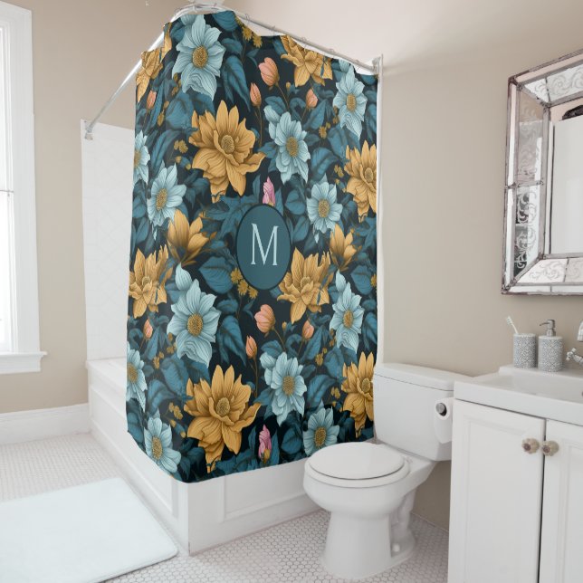 Custom Monogram Colorful Flower Pattern Shower Curtain (In Situ)