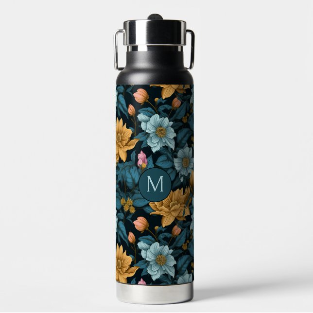 Custom Monogram Colorful Flower Pattern Water Bottle (Front)